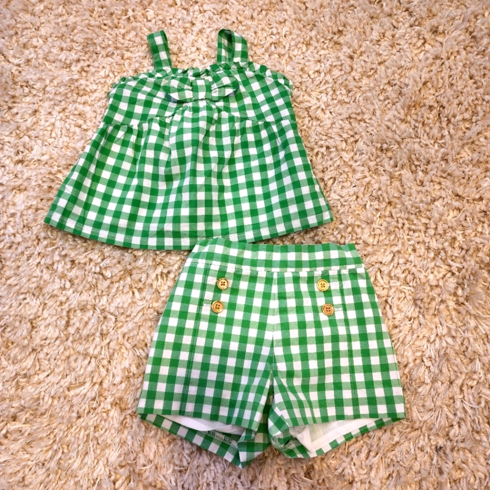 Summer shorts and matching top. Janie and Jack. Green and white Stripes.